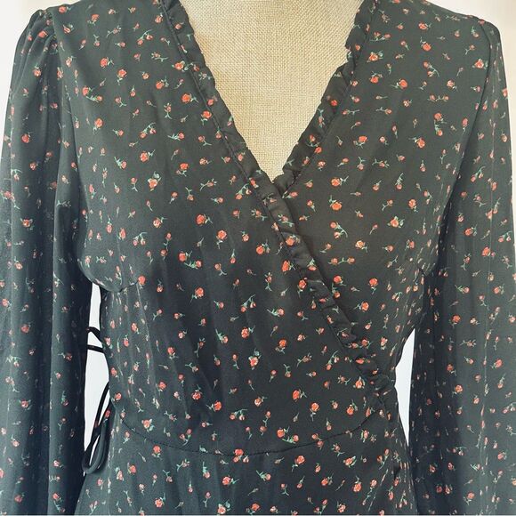 New 1Francesca’s Dorinda SZ M Lined Tiny Rose Wrap Black Mini Dress Wedding - Picture 12 of 16